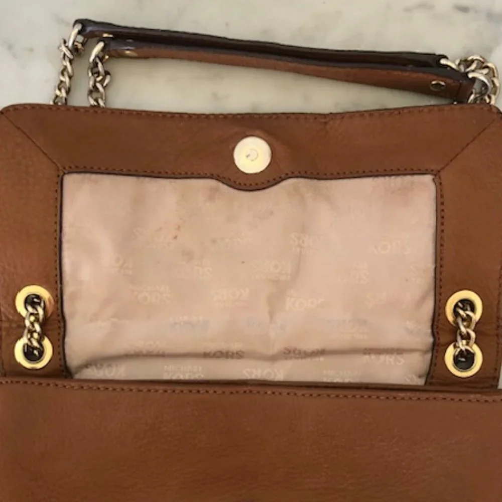 MICHAEL KORS Fulton Small Brown Gold Chain Shoulder Flap Bag